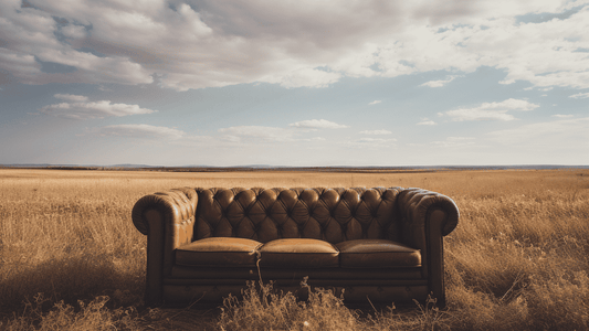 brown chesterfield couch alone in a wheat field
