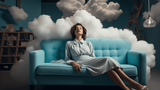 A woman sitting on a couch on a cloud in her living room