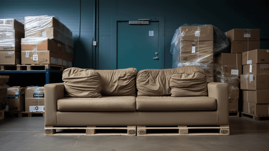 couch on pallets in a storage unit unwrapped