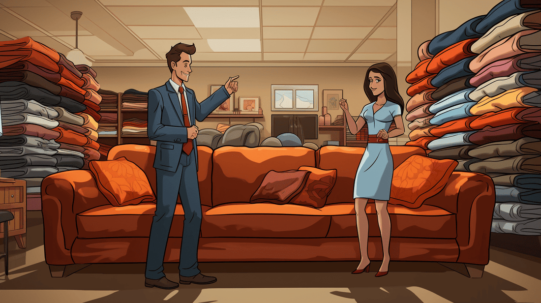 a woman in a store shopping for a couch talking to a salesman about fabrics