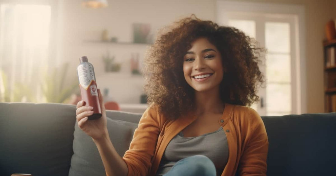 a woman holding an aerosol can of stain protection product