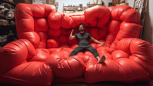 A man getting sucked in by a big red couch of confusion