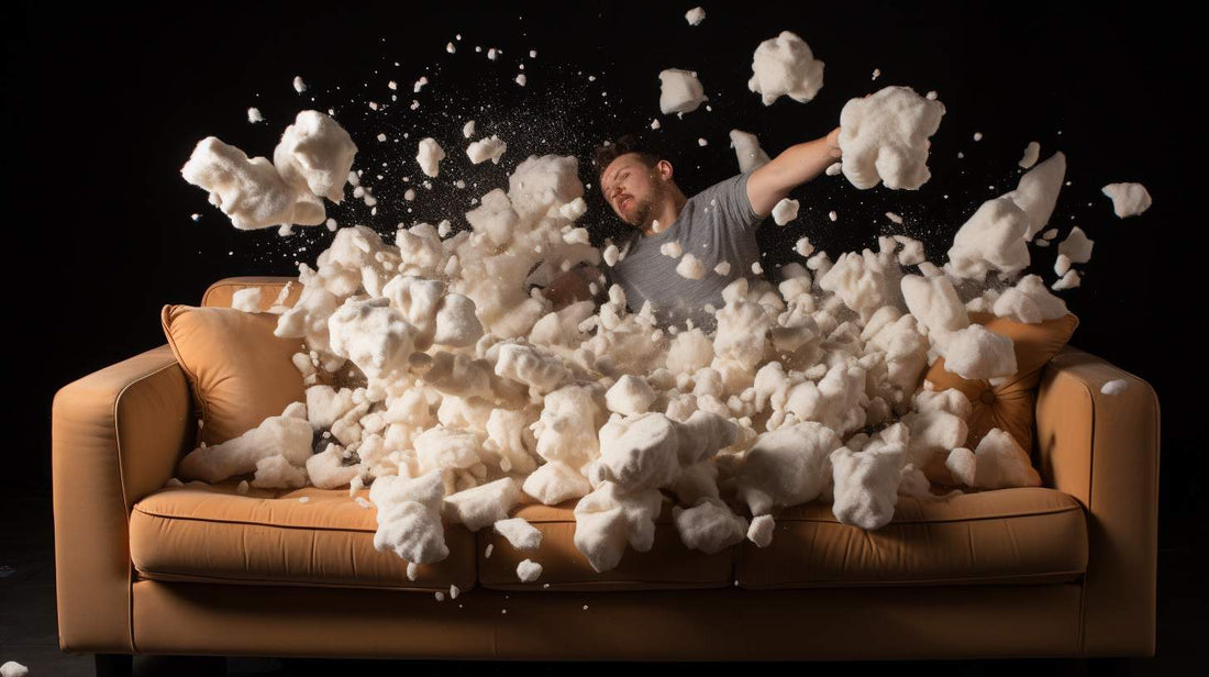 Man tearing cushions apart