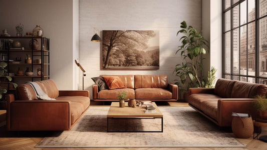 Leather couches placed around the room in NYC apartment