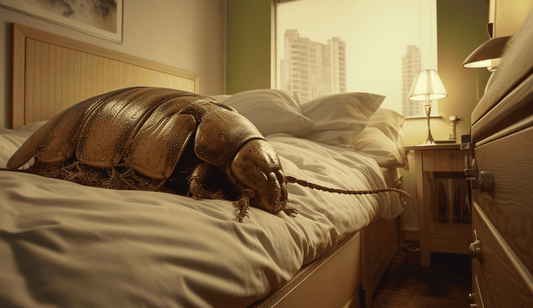 giant bed bug on a bed in a city apartment