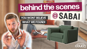 Cutout of a man making a face is set next to a cutout of a green and white striped armchair. Text reads 'behind the scenes @ sabai' and 'you won't believe what we found'.