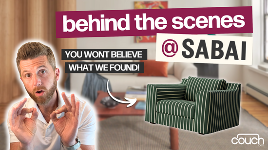 Cutout of a man making a face is set next to a cutout of a green and white striped armchair. Text reads 'behind the scenes @ sabai' and 'you won't believe what we found'.