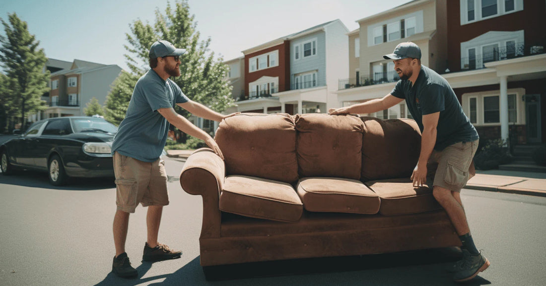 Two men struggling to move an older couch