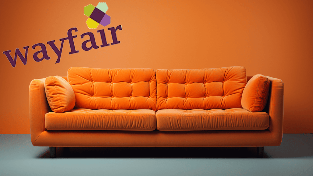 wayfair orange couch against an orange wall with wayfair logo on it