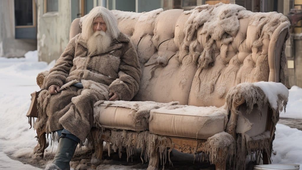 old man old couch outside in winter