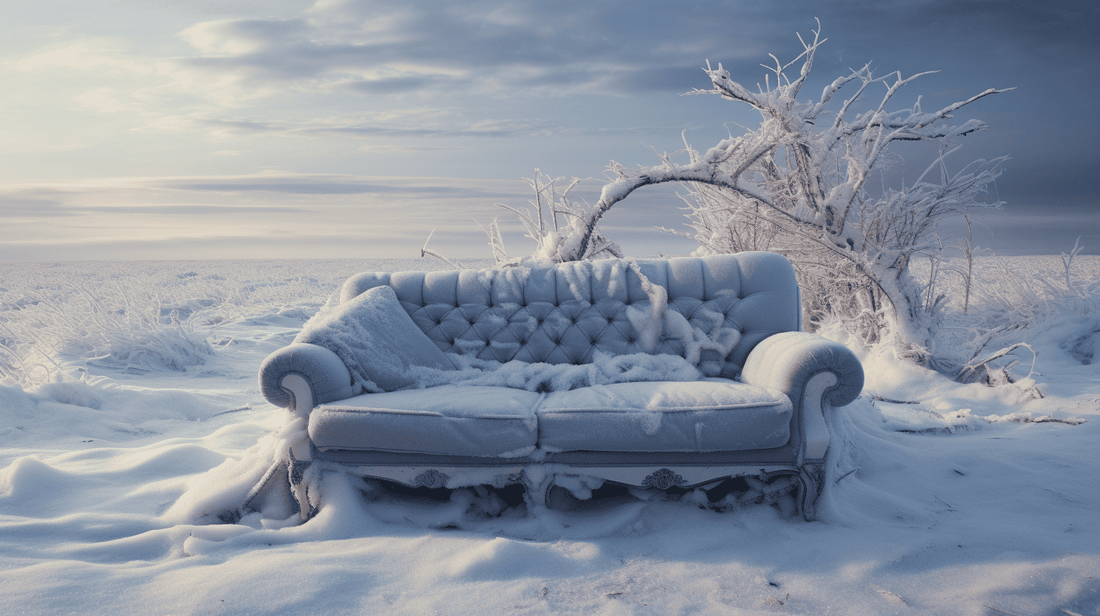 A couch freezing over in the middle of a field in the winter time