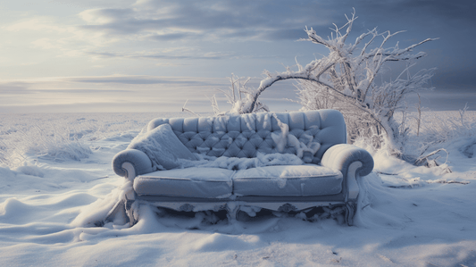 A couch freezing over in the middle of a field in the winter time