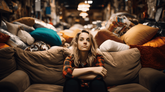 woman sitting in a virtual sea of couches contemplates her sofa choices
