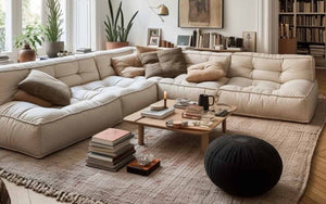 a sectional sofa in the middle of a brooklyn loft