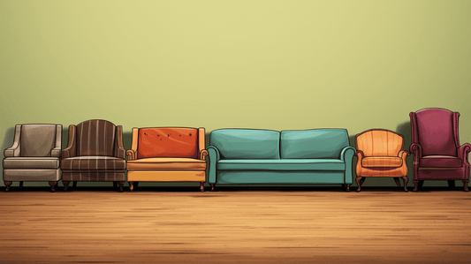 Different types of couches lined up in a row to depict different styles and colors