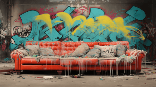 dusty leather couch in an alley with graffiti