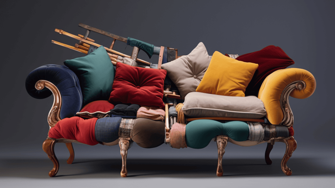 An imaginary couch made of many different styles and fabrics to represent the virtually infinite options out there