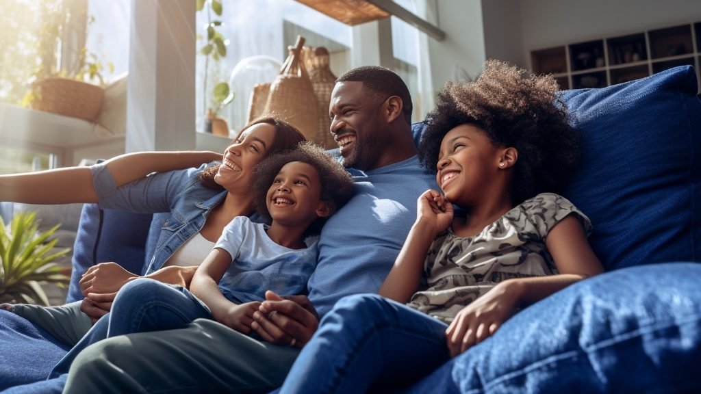 family lounging on L sectional together