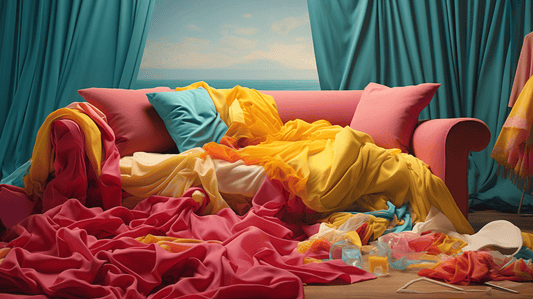 a pink sofa draped in many different colored fabrics all strewn about