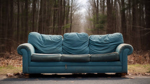 A dirty and soiled indoor couch that was left outside in the rain and snow