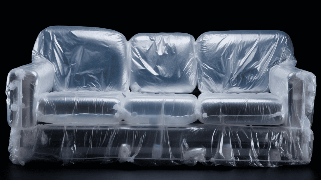 A couch wrapped in heavy duty plastic to depict what a couch looks like when it's being delivered