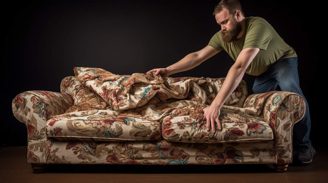 Giant man with a beard reupholstering a couch