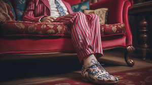 An extremely stylish man sitting on an extremely stylish sofa