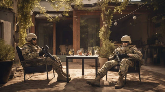 Two soldiers sitting armed and in fatigues on outdoor furniture as if they were guarding it