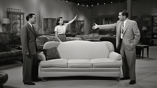a 1950's furniture salesman showing a couple the best couch in the store