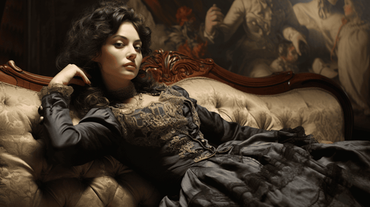 Victorian or Elizabethan woman lounging on traditional couch in traditional clothing