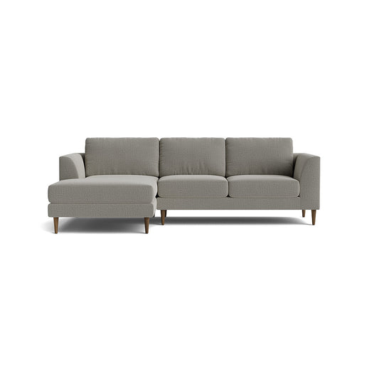 Introducing the Dekayess Chaise 98" Sectional: a gray L-shaped sectional sofa with wooden legs on a white background. The left side includes a chaise lounge extension, offering a modern and minimalist design.