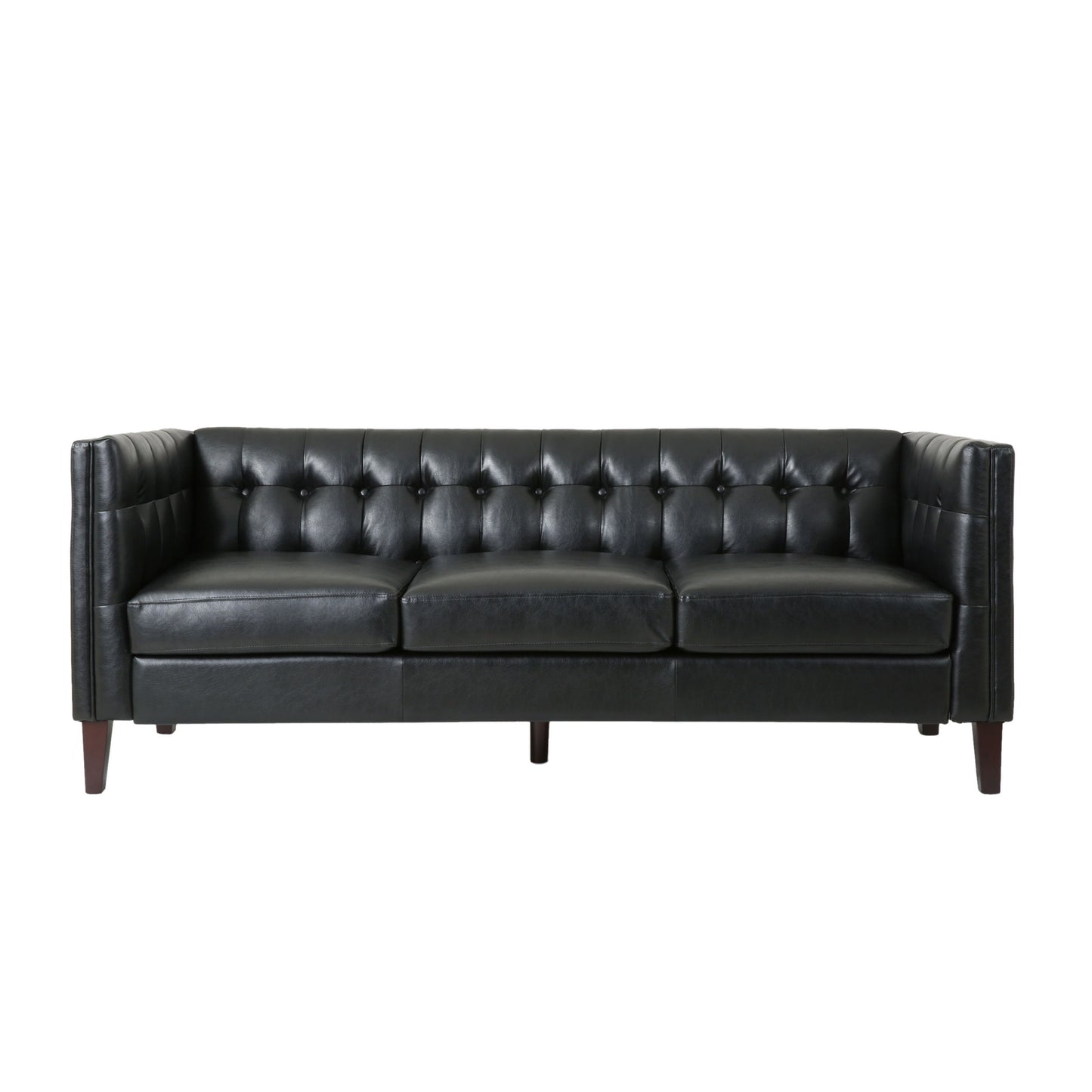 The Comfy 3 Seat Sofa is a dark leather couch featuring tufted backrests, wooden legs, and square armrests. Its modern design suits any living room with its elegant clean lines.