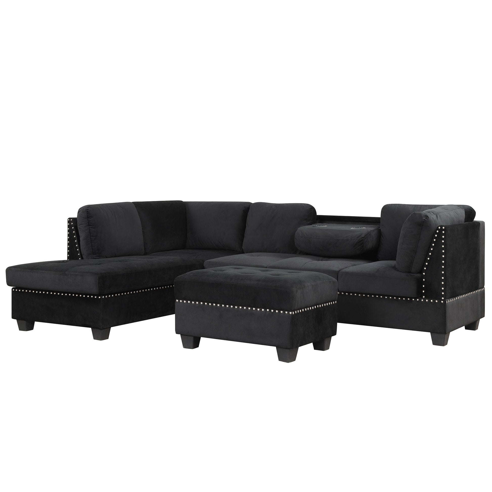 The Reversible Sectional Sofa in dark gray features a plush L-shaped design with a rivet ornament and includes a chaise, ottoman, and an armrest with a built-in storage compartment, perfect for small or large spaces like dorms or apartments.