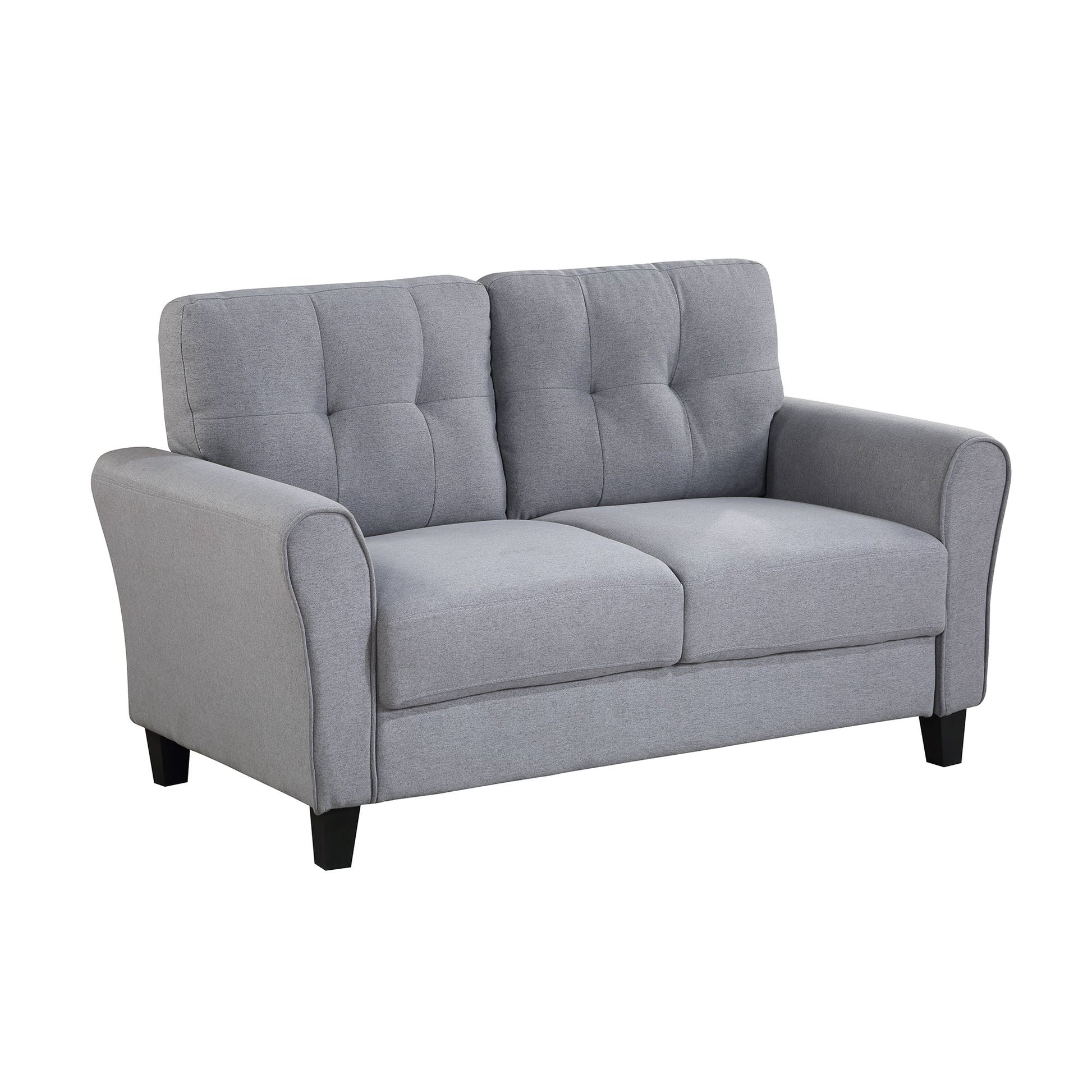 The Modern Living Room Loveseat is a gray two-seater linen couch with tufted back cushions, slightly curved armrests, and wooden legs, combining firm structure with a cozy, modern design for home or office use.