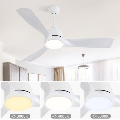 The Modern Ceiling Fan in a white room features three blades, adjustable lighting with 3000K, 4000K, and 6000K settings. Large windows with sheer curtains are in the background.