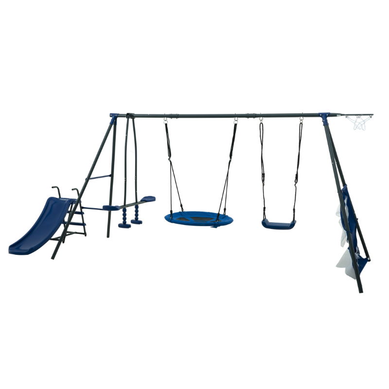 A children's playset with a blue slide, rope ladder, climbing rope, nest swing, traditional swing, and basketball hoop. Made of metal. Product: Interesting Six Function Swingset - Gray/Blue. Suitable for ages 3+, supports up to 440 lbs.