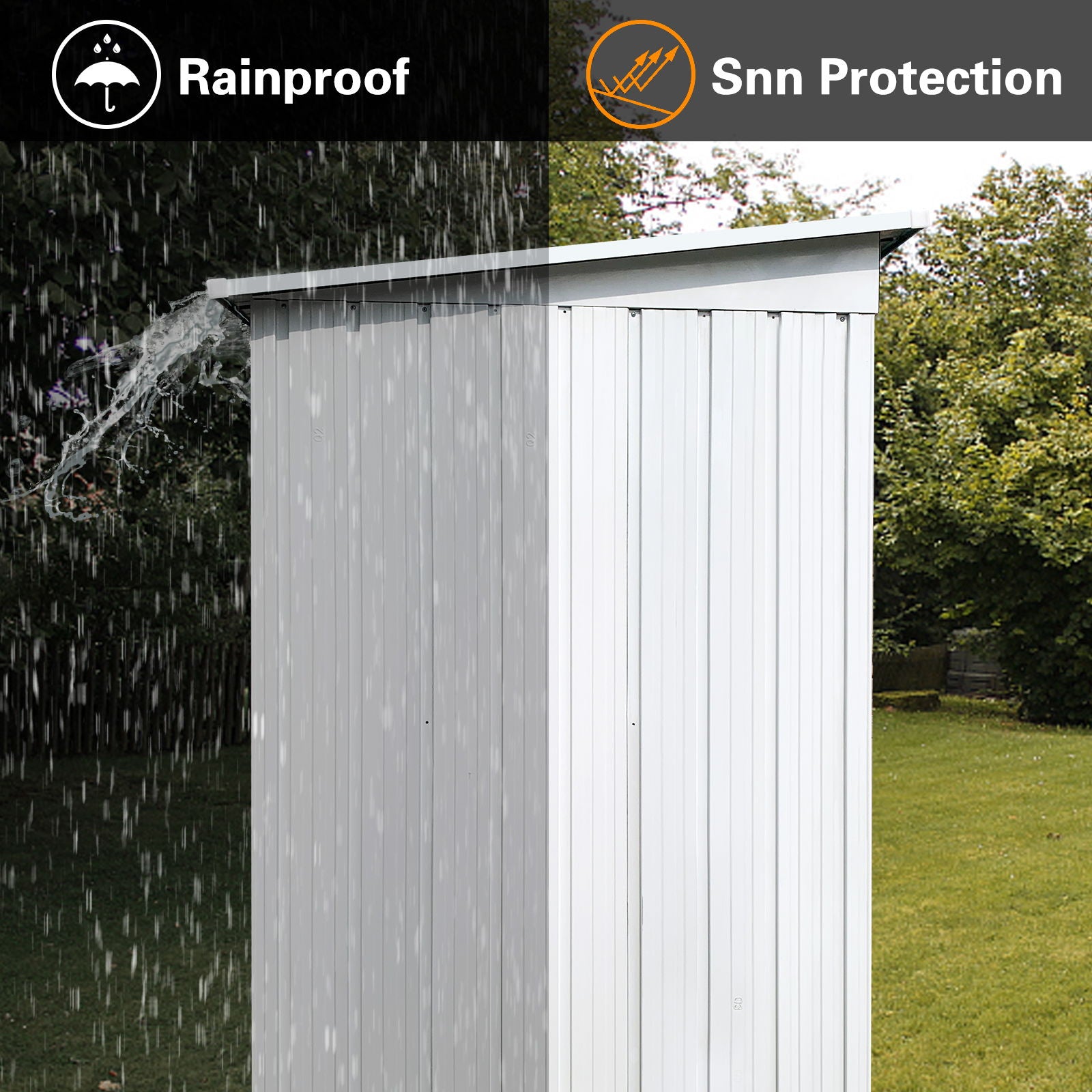 Split image of Garden Sheds 5FtX4Ft Outdoor Storage Sheds: left side under rain with "Rainproof" text and umbrella icon; right side under sun with "Sun Protection" text and sun icon, highlighting weather resistance.