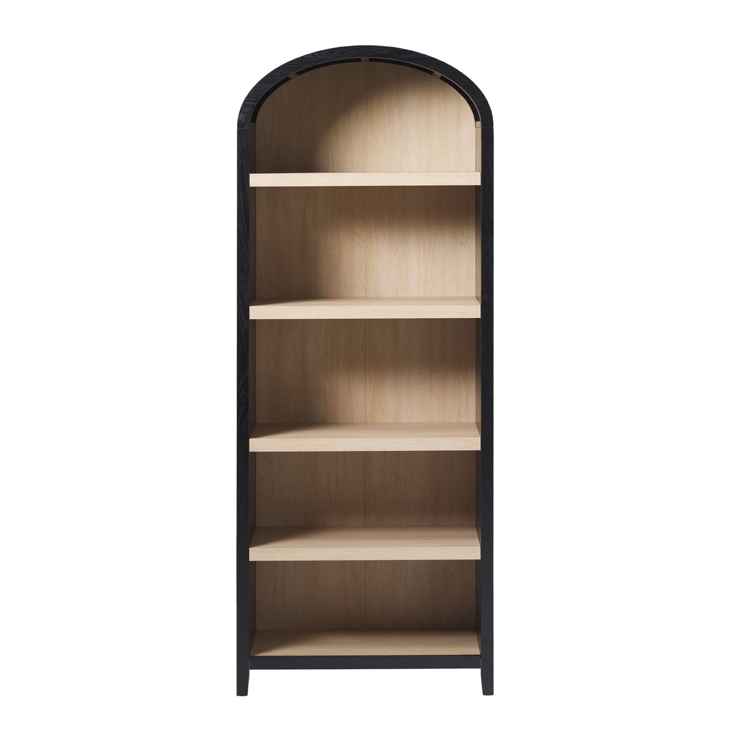 The Modern 5 Shelf Open Arched Bookshelf features a black arched frame with a light wood interior, providing a stylish contrast. It's perfect for holding books or decorative pieces.