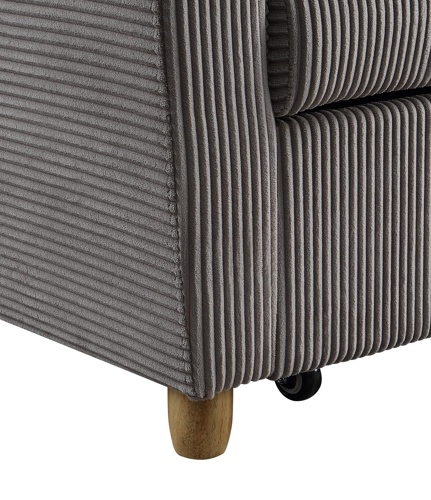 Close-up of the Justine Corduroy Convertible Sleeper Loveseat in brown, featuring visible textured fabric and wooden legs. The sofa's right side and part of the seat cushion display its ribbed pattern and design details.