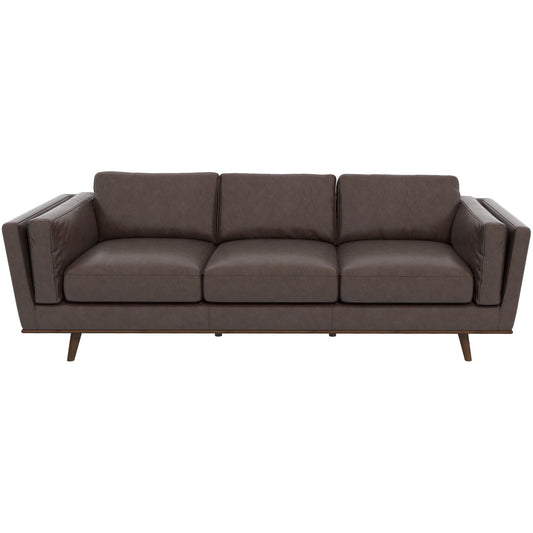 The Chase - Leather Sofa boasts a modern design with three brown leather seat and back cushions, angled armrests, and slightly tapered wooden legs for a sleek, contemporary appearance.