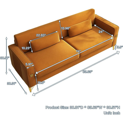 Mid Century Modern Sofa Couch in orange, featuring detailed measurements including cushion sizes and overall dimensions: 85.63" wide, 30.31" deep, and 30.51" high. The image showcases various dimensions in inches.