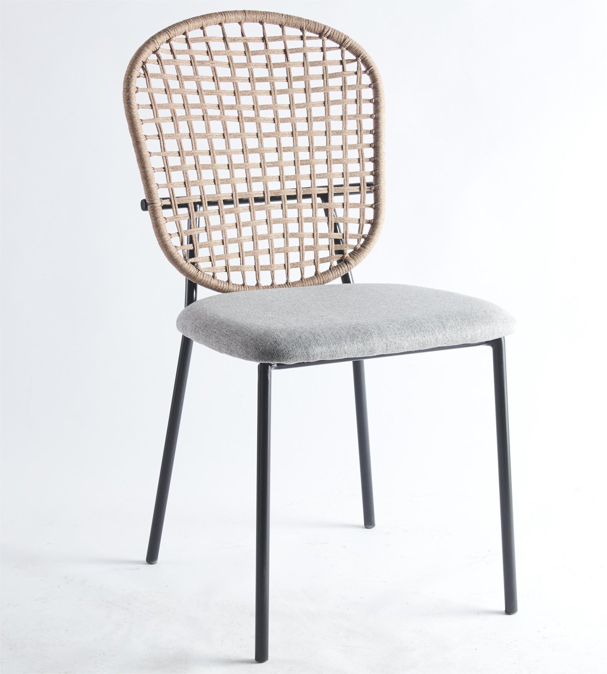 A chair from the 5 Piece Dining Set features a woven rattan backrest, cushioned gray seat, and black metal legs set against a plain white background.