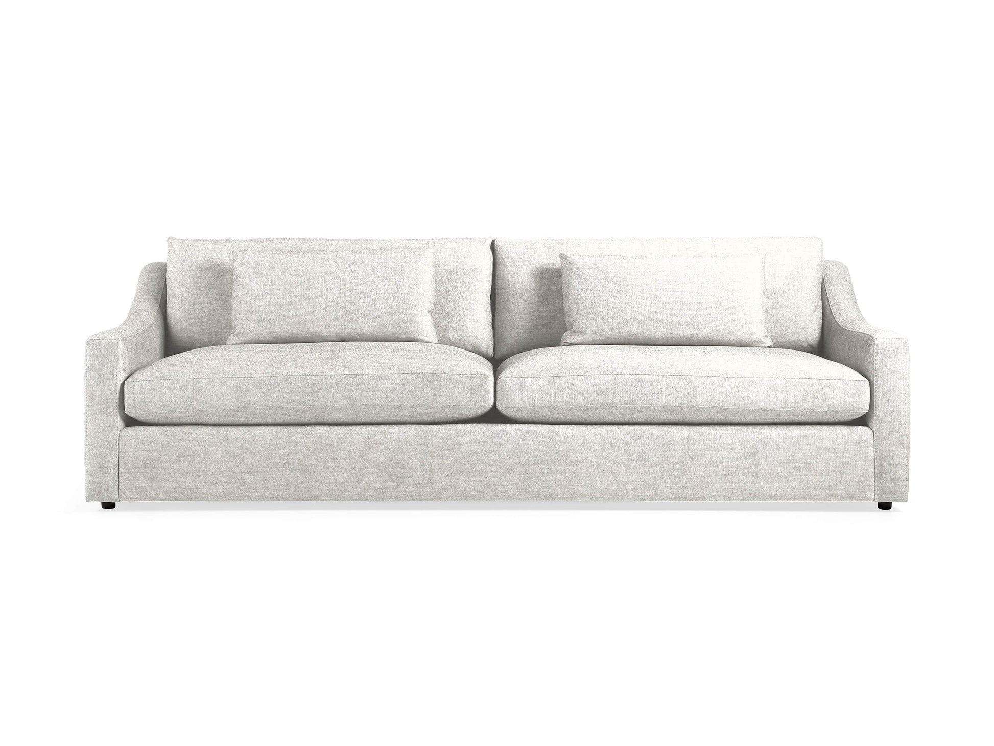 The Ashby Sofa is a modern piece in light gray, featuring two large seat cushions and two back cushions, all set against a white background. It boasts a minimalist design with subtle armrests.