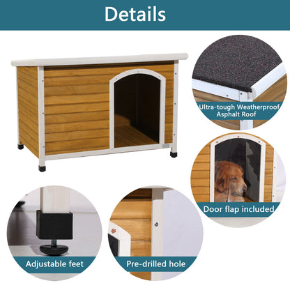 Large Wooden Outdoor Dog House, Waterproof Roof, Elevated Floor, Adjustable Plastic Feet - Yellow