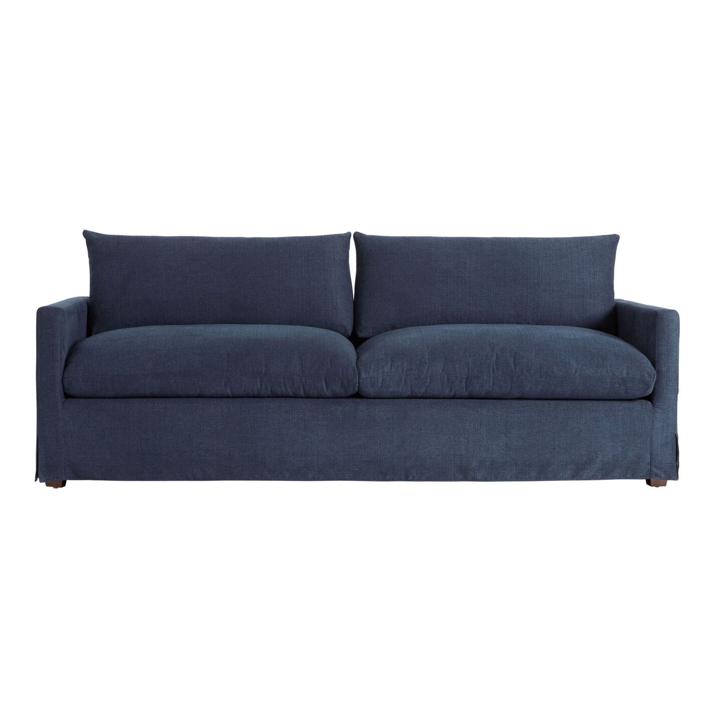 The Brynn Feather-Filled Sofa is a dark blue, modern piece featuring two large back cushions and two seat cushions. It showcases slightly rounded arms and a simple, sleek design on small, barely visible legs.