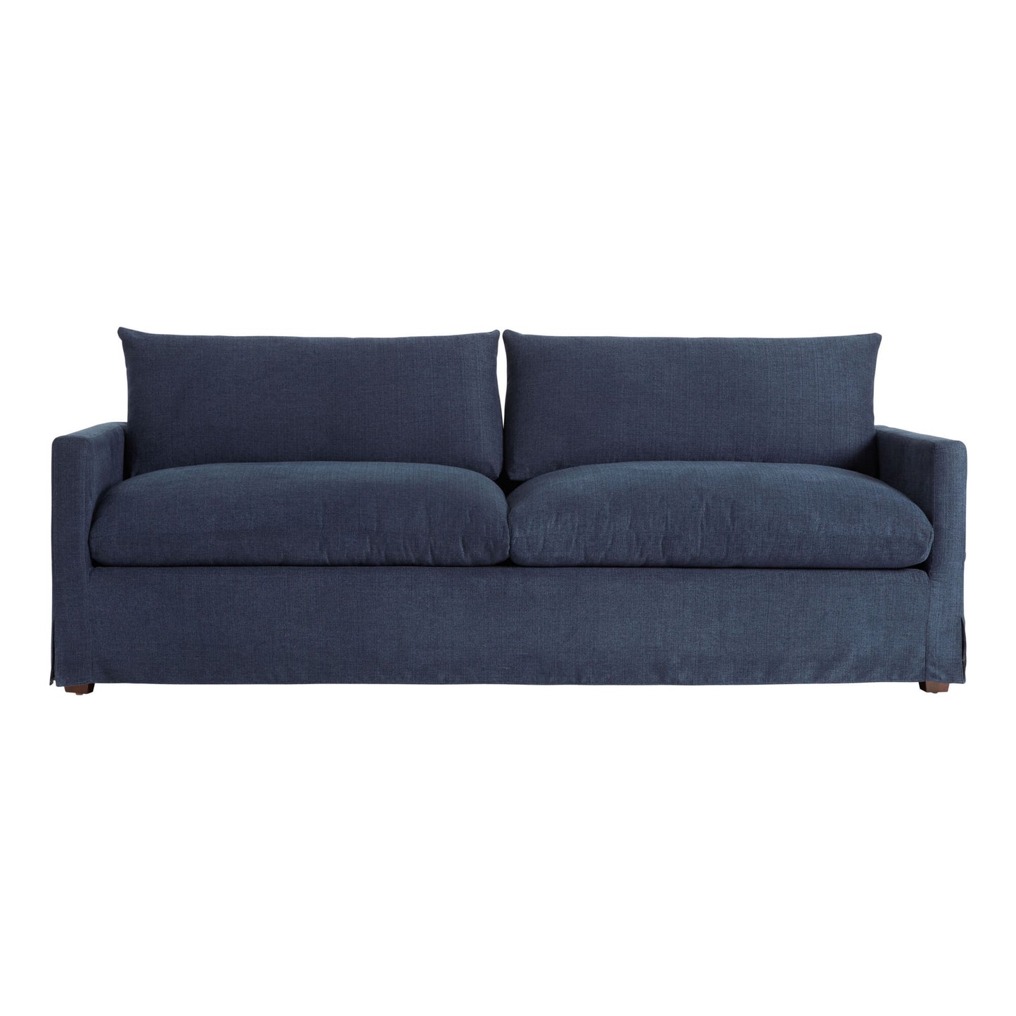 The Brynn Feather-Filled Sofa is a dark blue piece with a minimalist design, showcasing two large back cushions and a sleek, modern aesthetic. It features a low-profile appearance and slightly recessed arms.