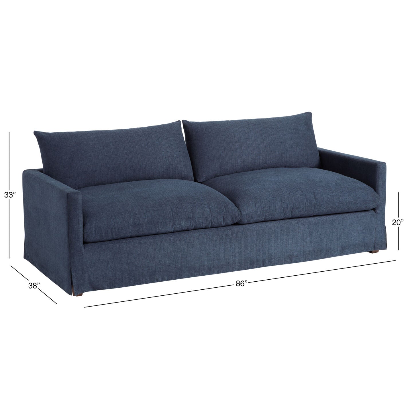 Introducing the Brynn Feather-Filled Sofa, a dark blue piece that features two large cushions, showcasing clean lines and a modern design. It measures 33 inches in height, 38 inches in depth, and 86 inches in width.