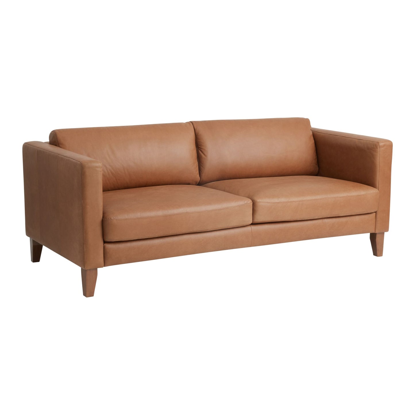 The Abrie Vintage Tan Leather Sofa is a sleek and minimalist piece featuring two cushions, straight arms, and wooden legs. Its modern design perfectly complements contemporary living spaces.