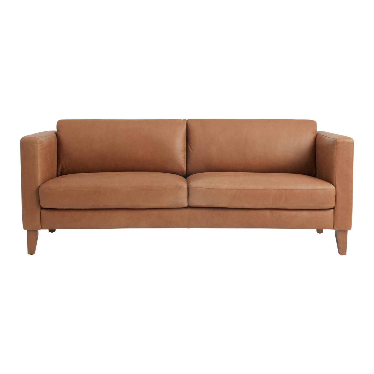 The Abrie Vintage Tan Leather Sofa showcases a modern design with its brown leather upholstery. It features two large seat cushions, a low-profile backrest, and straight, clean lines. The sofa is accented with wooden legs and is photographed against a white background.