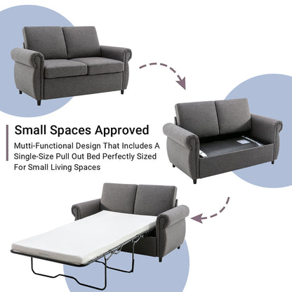 Collage of the Pull Out Sofa Bed Loveseat Sleeper: Top left shows it as a sofa, top right partially unfolded, and bottom image fully extended as a twin size bed. “Small Spaces Approved” text included. Features memory mattress and two USB ports. Perfect for living room spaces.